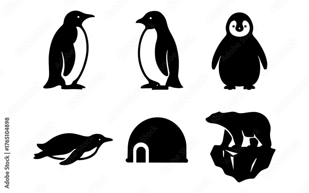 Naklejka premium Silhouette penguins and polar bear icons with igloo on ice