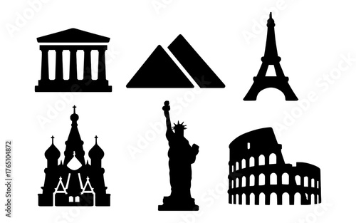Iconic worldwide landmarks silhouette collection for travel and cultural themes