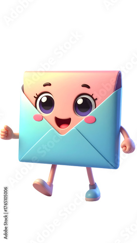 A cheerful animated envelope character is standing, greeting with a thumbs up, radiating positivity and a friendly message.