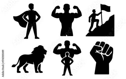 Empowerment and strength concept: silhouettes of heroes, climbers, and lions