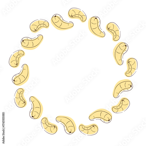Circular wreath made of flat style cashew nut isolated on a white background.