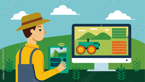 A farmer remotely monitoring soil compaction levels through a computer dashboard enabling them to make informed decisions about field management.. Vector illustration