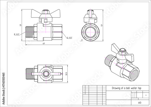 Vector ball water tap with thread. Engineering mechanical educational drawing of steel 
part with dimension line. Industrial design 
on white paper sheet. Technology hand drawn schematic diagram.