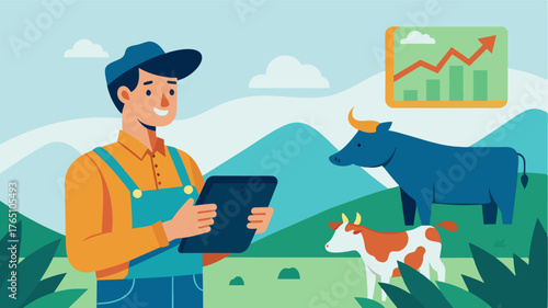 A farmer uses a tablet to track and analyze the activity levels of their cattle ensuring optimal health and productivity.. Vector illustration