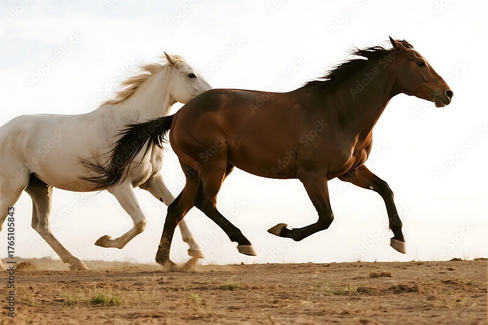 Fototapeta premium Two horses, one white and one brown, are galloping rapidly in an open field, showcasing their speed and vitality.