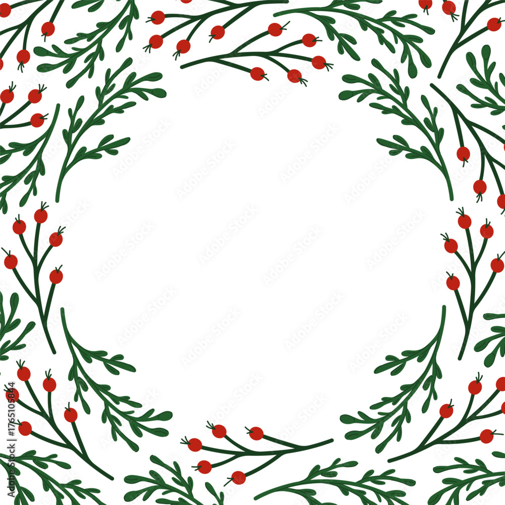 Obraz premium Christmas frame with green branch and red berry forming a festive circular border on a white background in flat style.