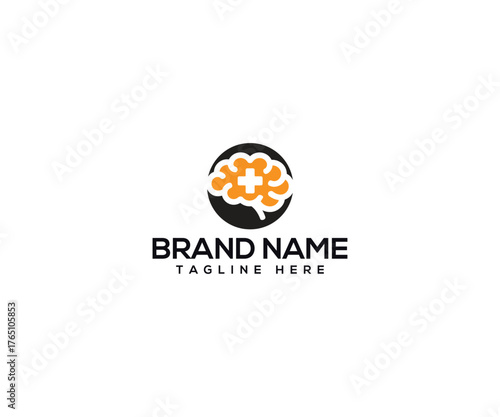 Medical Brain Icon: The minimalist icon features an anatomical brain at the center, overlaid with a cross. The logo concept evokes thoughts of intelligence, health, and a medical focus.