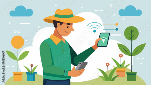 A farmer using a handheld device to input data from soil moisture sensors into an AIpowered crop water usage model receiving customized watering recommendations.. Vector illustration