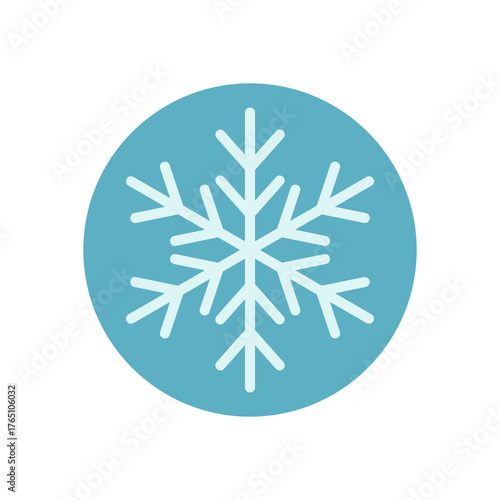 Round blue snow flake sticker in simple line style. Frozen element on icy background, perfect as winter frost decoration or xmas package accent. Cold ice illustration for seasonal packaging.