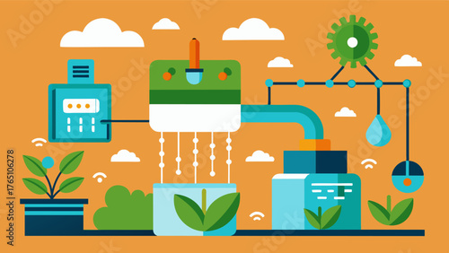 A large automated watering system uses data from weather forecasts and soil conditions to efficiently irrigate crops conserving water and minimizing waste.. Vector illustration