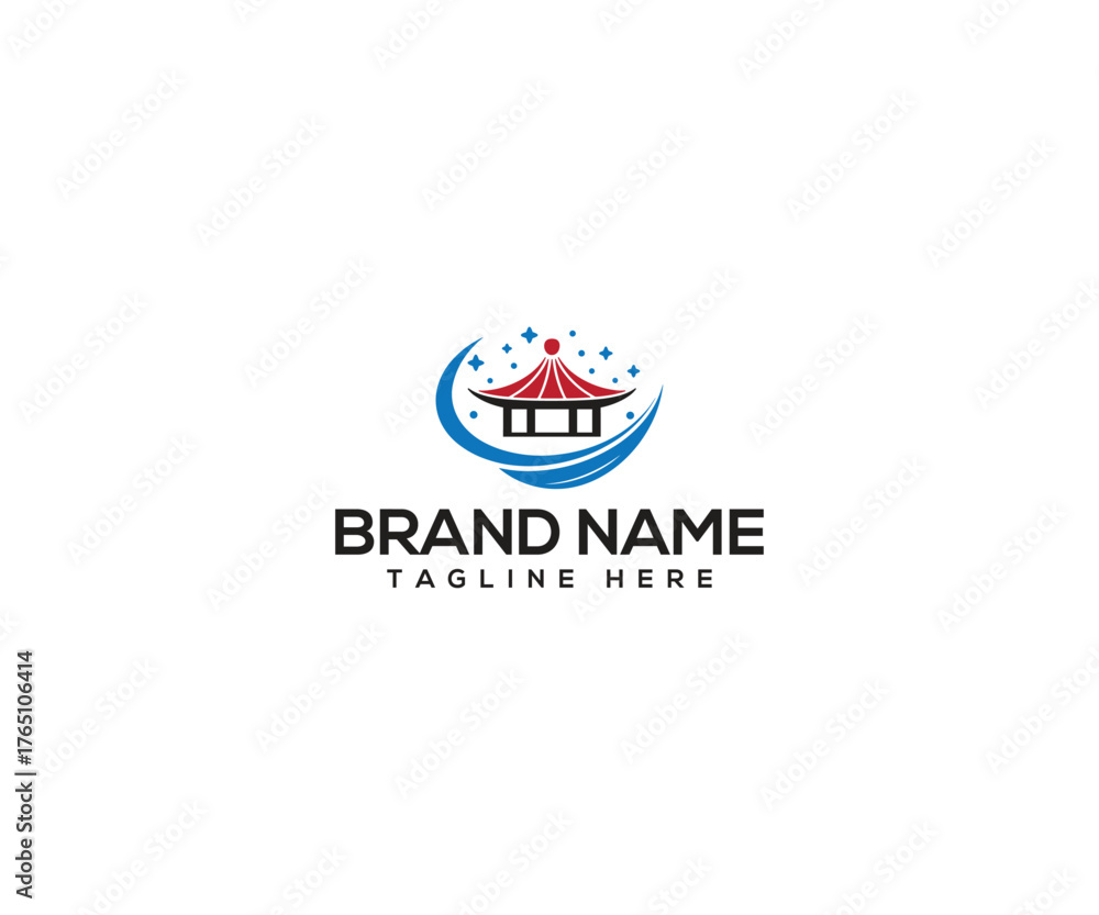 Obraz premium Oriental Architecture: A stylized illustration of an oriental pagoda, gracefully positioned amid a crescent and stars, ready for your brand.