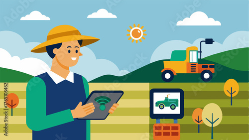 A farmer using a tablet to remotely control and monitor the operation of farm machinery through the integration of smart farm management software.. Vector illustration