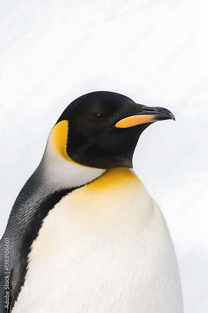 Naklejka premium A close-up view of a king penguin showcasing its distinctive black, white, and yellow plumage in a natural setting.