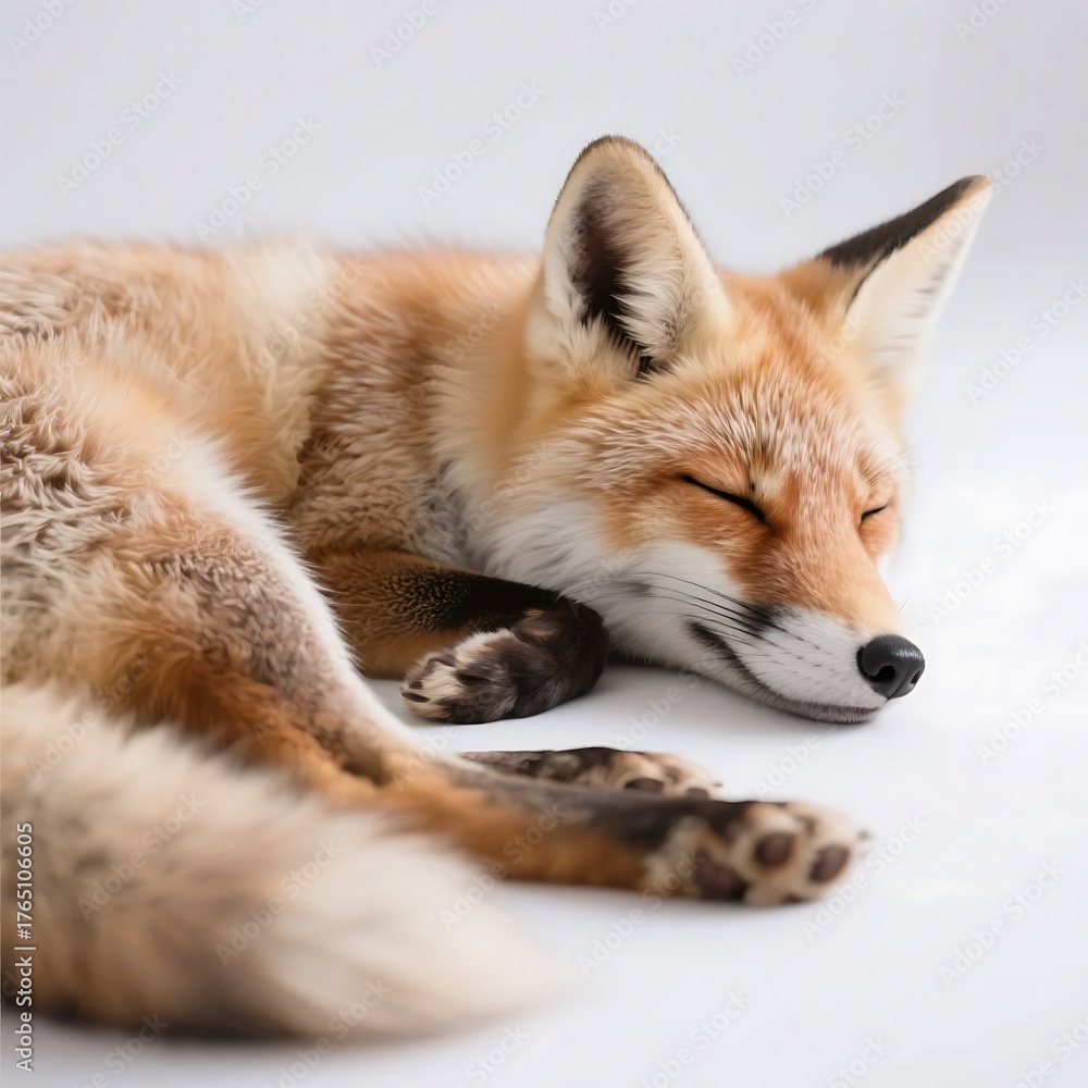 Fototapeta premium A red fox is peacefully sleeping on a white background, showing its relaxed and cozy state.