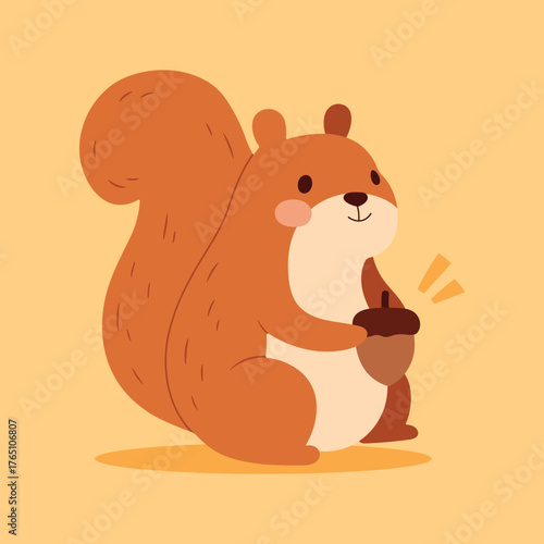 Cute squirrel holding an acorn. Adorable forest animal character with a big fluffy tail. Vector cartoon illustration isolated on yellow.