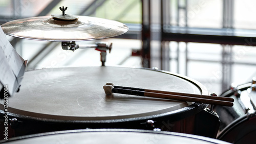 Canvas Print Close up of percussion instruments featuring snare drum with sticks and hi hat c