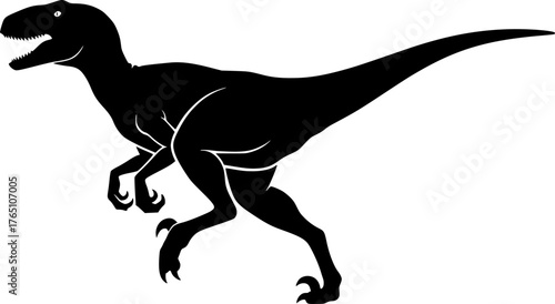 Velociraptor silhouette. This image shows a black silhouette of a Velociraptor, a small, agile predator dinosaur from the prehistoric era. Vector clipart illustration design.