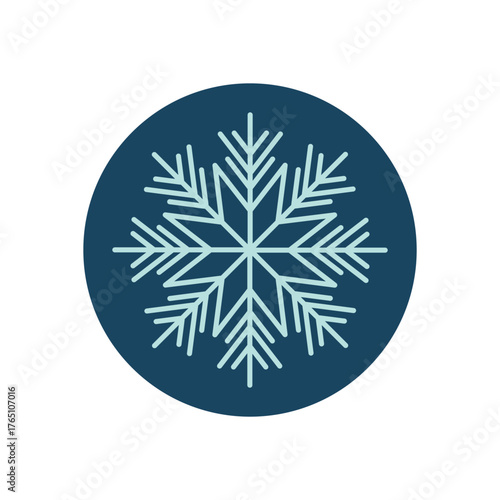 Round ornament snowflake in icy blue with clean outline sticker style. Winter element with cold frost and chill, perfect for christmas package or seasonal decoration. Ideal blue accent for package or