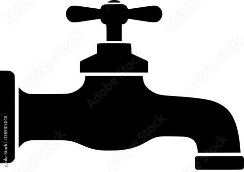 Water faucet silhouette. This image shows a silhouette of a water faucet with a single droplet, emphasizing plumbing, water flow, and utility. Vector clipart illustration design.