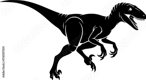Velociraptor silhouette. This image shows a black silhouette of a Velociraptor, a small, agile predator dinosaur from the prehistoric era. Vector clipart illustration design.