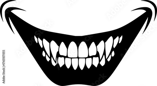 Joker smile silhouette. Image shows a black silhouette of a wide, sinister Joker smile with sharp, pointed teeth. Vector clipart illustration design.
