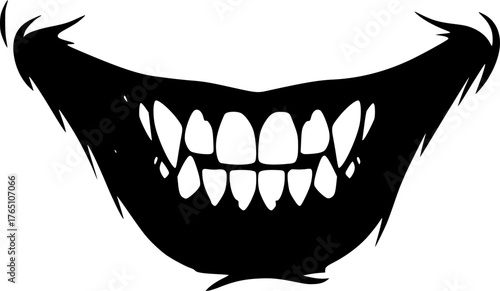 Joker smile silhouette. Image shows a black silhouette of a wide, sinister Joker smile with sharp, pointed teeth. Vector clipart illustration design.
