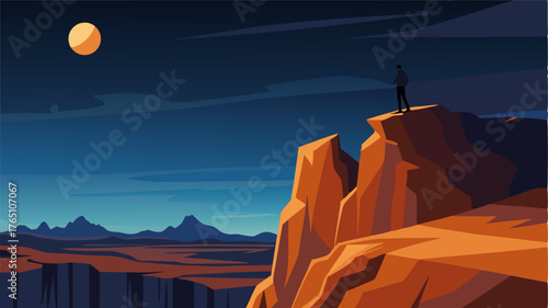 A rocky cliff with a solitary figure perched on the edge stargazing and contemplating the vastness of the desert.