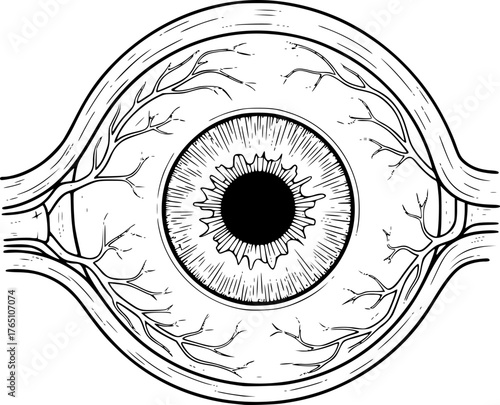 Anatomical eyeball drawing. It is a black and white outline image of an anatomical human eyeball, detailing its structure and surrounding blood vessels. Vector sketch line art draw.