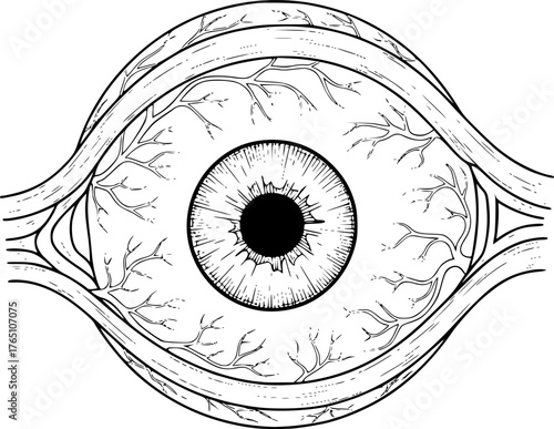 Anatomical eyeball drawing. It is a black and white outline image of an anatomical human eyeball, detailing its structure and surrounding blood vessels. Vector sketch line art draw.