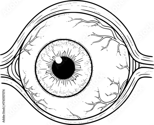 Anatomical eyeball drawing. It is a black and white outline image of an anatomical human eyeball, detailing its structure and surrounding blood vessels. Vector sketch line art draw.