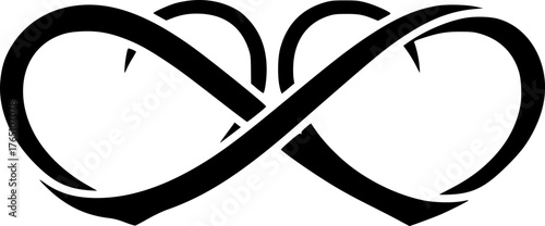 Infinity heart silhouette. This image shows two hearts intertwined to form an infinity symbol, representing eternal love, connection, and unity. Vector clipart black illustration design.