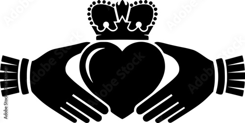 Claddagh silhouette. This image features the Irish Claddagh symbol, a heart held by two hands topped with a crown, symbolizing love, loyalty, and friendship. Vector clipart illustration design.