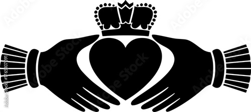 Claddagh silhouette. This image features the Irish Claddagh symbol, a heart held by two hands topped with a crown, symbolizing love, loyalty, and friendship. Vector clipart illustration design.