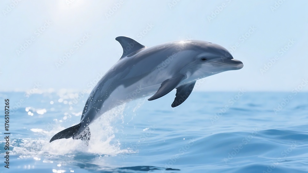 Naklejka premium A dolphin is seen leaping energetically out of the clear blue ocean water, showcasing its sleek body and playful nature.
