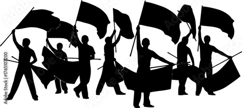 Color guard flag silhouette. The image shows black silhouettes of multiple individuals holding and waving flags, likely representing a color guard performance. Vector clipart illustration design.