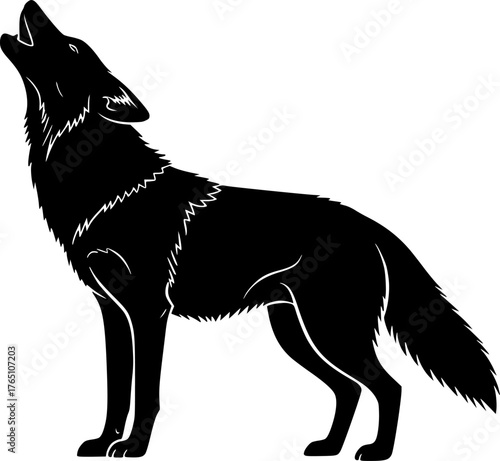 Coyote Howling Silhouette. This image shows a black silhouette of a howling coyote, also referred to as a wolf silhouette or wild canine. Vector clipart illustration design.