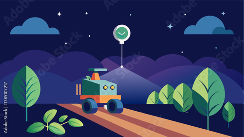 A compact selfdriving robot patrols a nursery at night scanning for signs of pests and diseases and alerting farmers to any potential threats.. Vector illustration