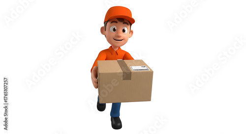 A cartoon-style delivery guy in orange uniform, delivering a package with a smile in a transparent background space.