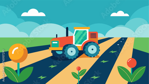 A GPSenabled tractor equipped with mapping technology autonomously maneuvering through a large crop field.. Vector illustration