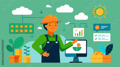 A farmers daily tasks are optimized with the help of digital weather forecasts to determine the best time for planting harvesting and other operations.. Vector illustration
