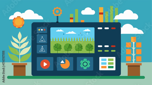 A computerized control panel that monitors and adjusts the ventilation system in real time taking into account weather forecasts and crop needs.. Vector illustration