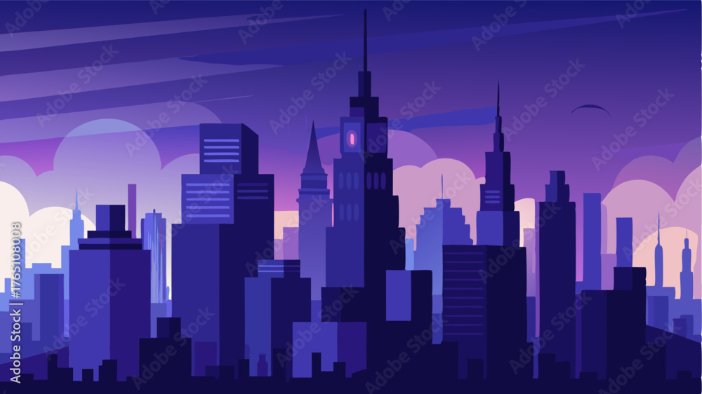 Fototapeta premium Against the deep indigo sky the citys skyscrapers stand tall and proud a majestic sight in the fading light.