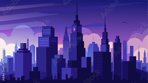 Against the deep indigo sky the citys skyscrapers stand tall and proud a majestic sight in the fading light.