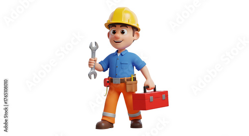A cartoon handyman in a hard hat, with a wrench and toolbox, is ready to tackle any repair job with a smile.