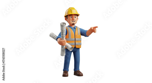 A 3D animated construction worker, wearing a helmet and vest, holds blueprints, pointing forward, in a digital rendering.