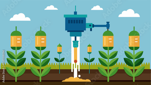 A precision injection system that can be programmed to deliver different nutrients at specific growth stages for maximum crop yield.. Vector illustration