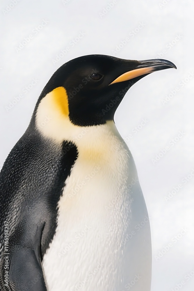 Fototapeta premium A close-up shot showcasing an emperor penguin with distinct black and white plumage and a yellow patch on its neck.