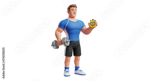 Cartoon man with a dumbbell and a stopwatch in sportswear in a dark room exercising and tracking time.