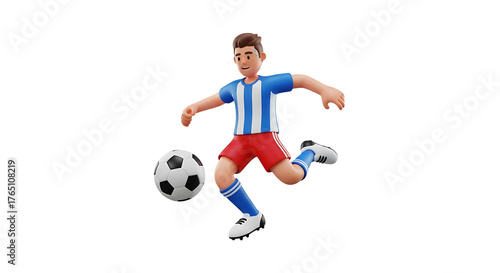 Animated character in a white and blue striped soccer jersey kicks a black and white soccer ball on a transparent background.