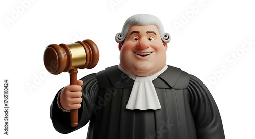 A cartoon judge wearing a wig and robe smiles while holding a wooden gavel up on a transparent background.